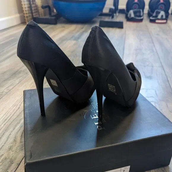 Pleaser Black Satin Heels Gorgeous 28 Platform Stiletto Pumps - Picture 4 of 8
